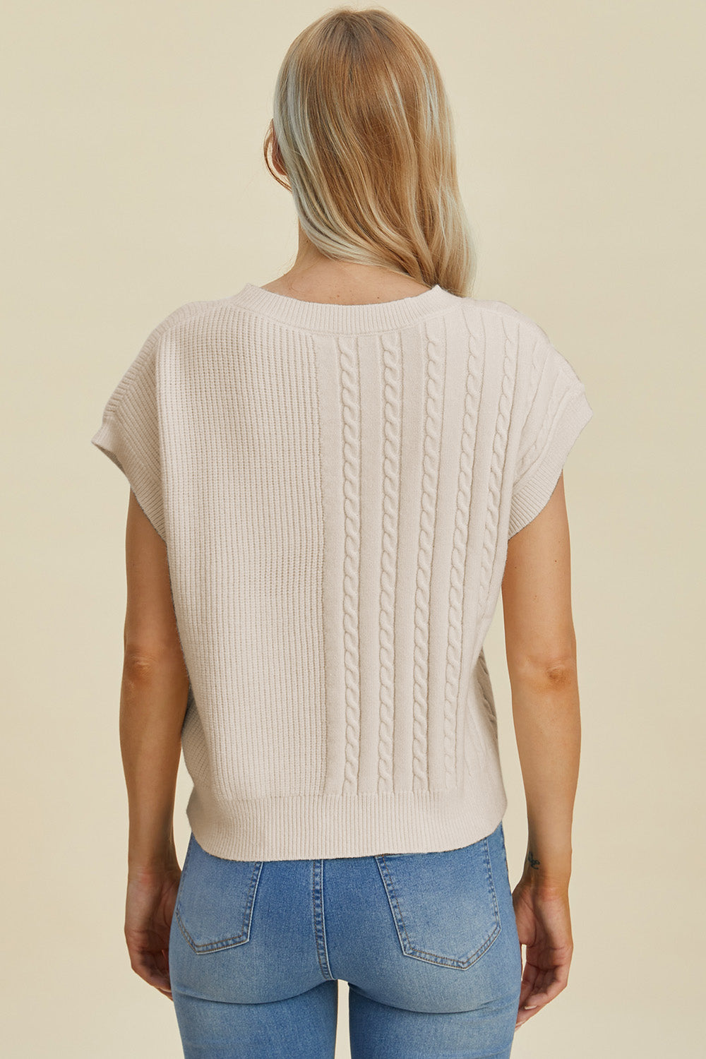 Double Take Full Size Cable-Knit Round Neck Short Sleeve Sweater