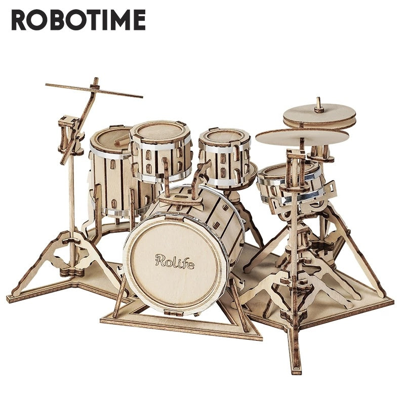 Robotime 4 Kinds 3D Musical Instrument Wooden Puzzle DIY Game Assembly Saxophone Drum Kit Accordion Cello Toy Gift for Children