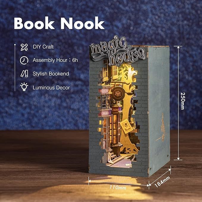 ROBOTIME Rolife DIY Book Nook Kit Bookend Stand Bookshelf Insert Bookcase Miniature Doll House Light 3D Puzzles TGB01-09