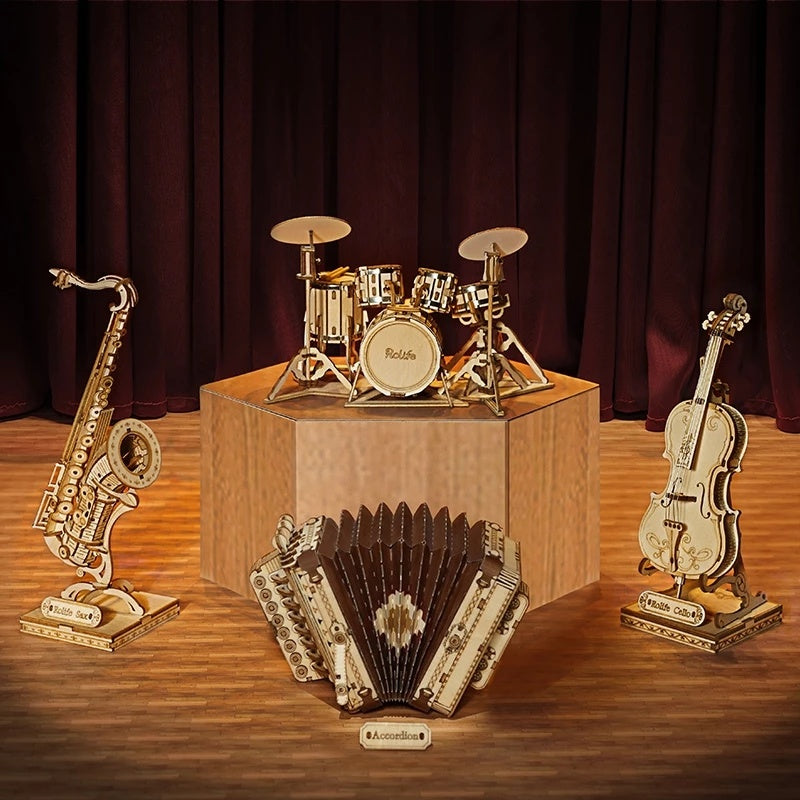 Robotime 4 Kinds 3D Musical Instrument Wooden Puzzle DIY Game Assembly Saxophone Drum Kit Accordion Cello Toy Gift for Children