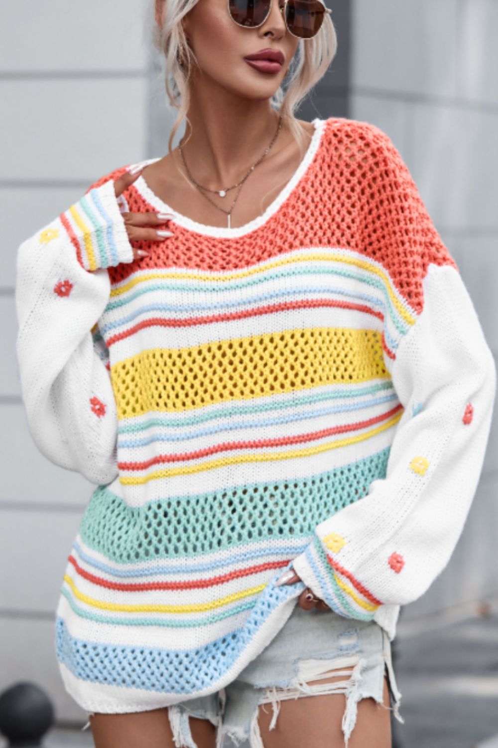 Hollow Striped Color Block Round Neck Sweater